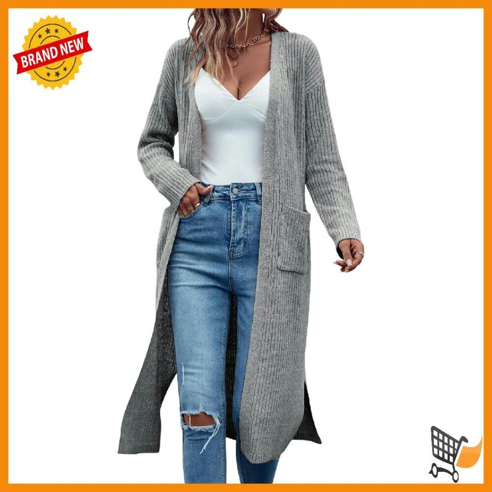 Oversized Ribbed Knit Cardigan with Pockets, Maxi Length, Drop Shoulder